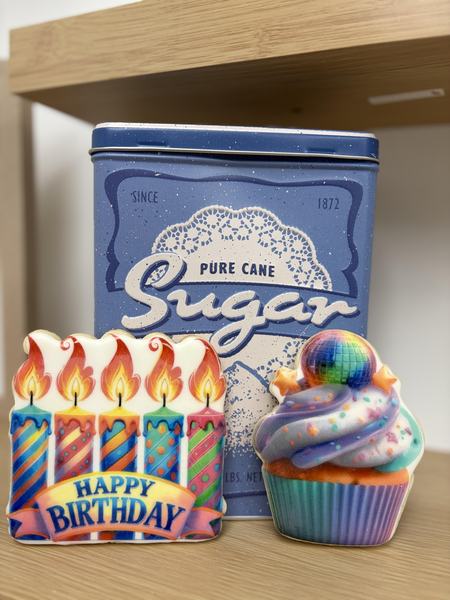 Cupcake and candle cookies printed on the Blue