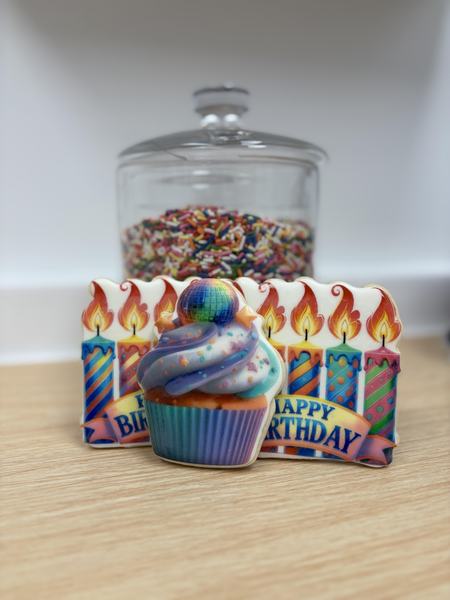 Cupcake and candle cookies printed on the Blue